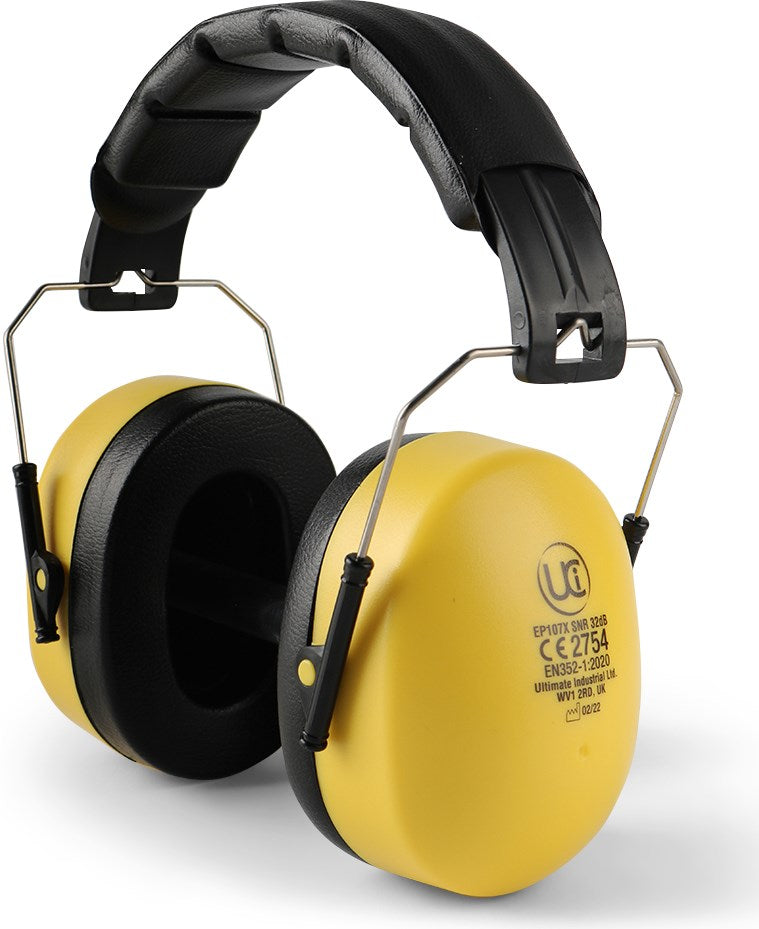 UCI EP107X High SNR Ear Defenders – yellow cups with black adjustable headband, SNR 31.6dB, EN352-1:2020 CE2754 certified