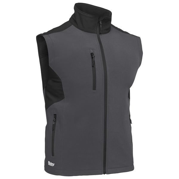 Bisley EV2191 Hicks Softshell Vest Bodywarmer in charcoal grey and black – full zip, chest pocket, side zip pockets, mesh back panels