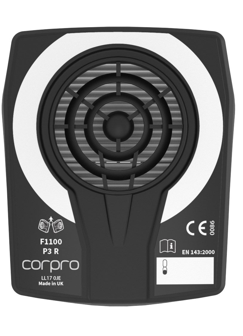 Corpro F1100 P3 R respirator filter front view showing Easy-On connection EN143