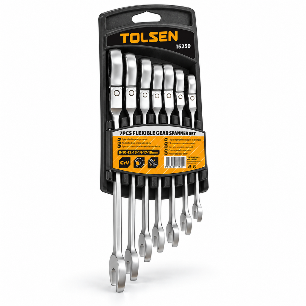 Angled view of Tolsen 15259 seven-piece flexible head ratchet spanner set in its plastic hanger