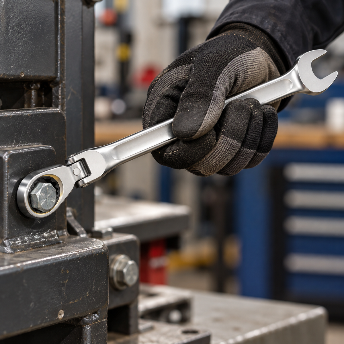 Gloved hand using a flexible head ratchet spanner on a bolt in a workshop