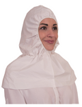 Traega DBX279 white Type 6B disposable hood with flange worn by a woman, showing elasticated face and neck opening