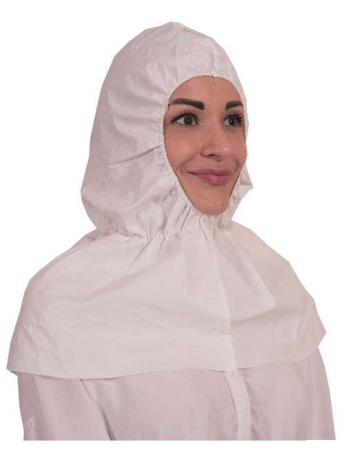 Traega DBX279 white Type 6B disposable hood with flange worn by a woman, showing elasticated face and neck opening