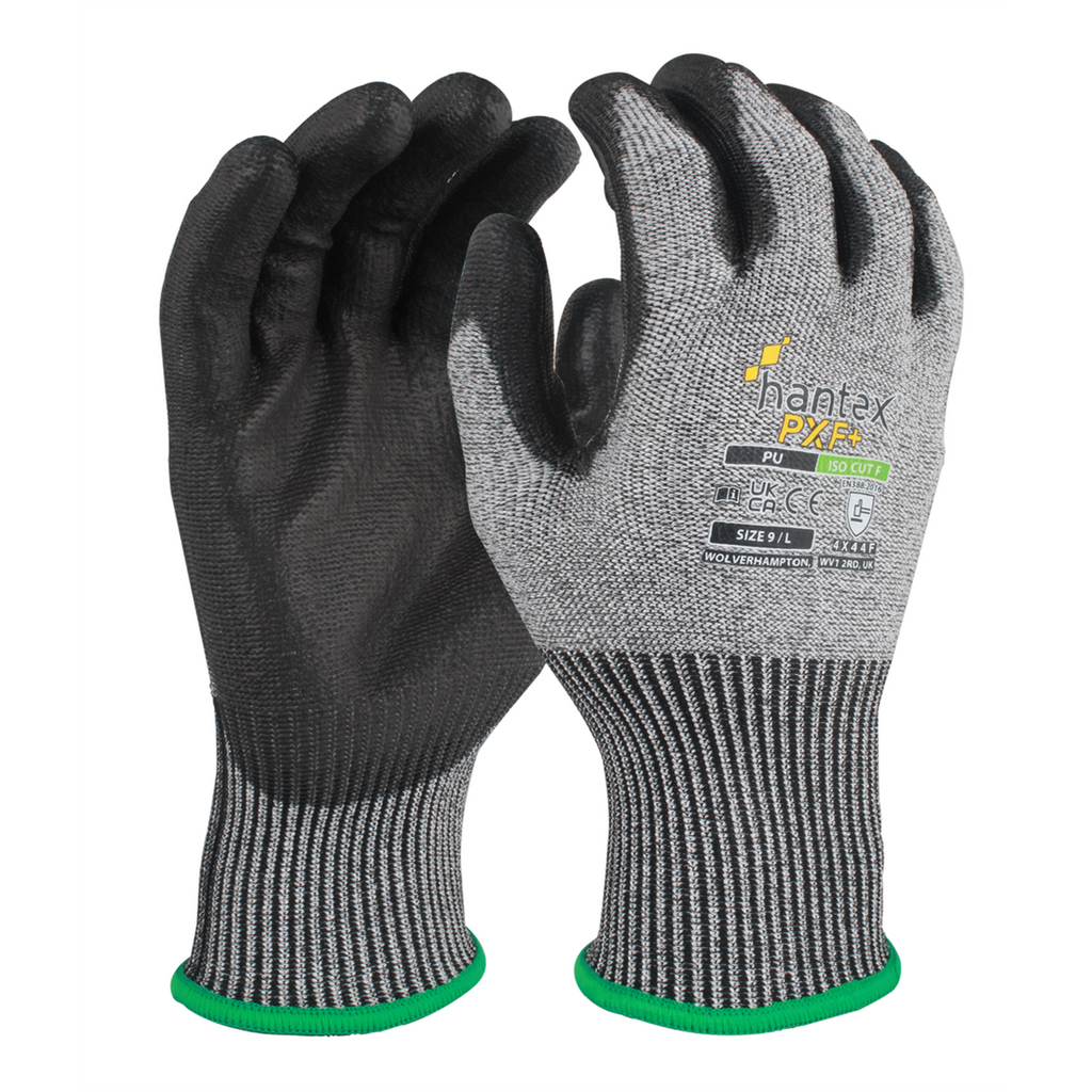 Hantex PXF+ black and grey cut-resistant gloves showing the PU palm and labelled back with green cuff edging