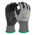 Hantex PXF+ black and grey cut-resistant gloves showing the PU palm and labelled back with green cuff edging