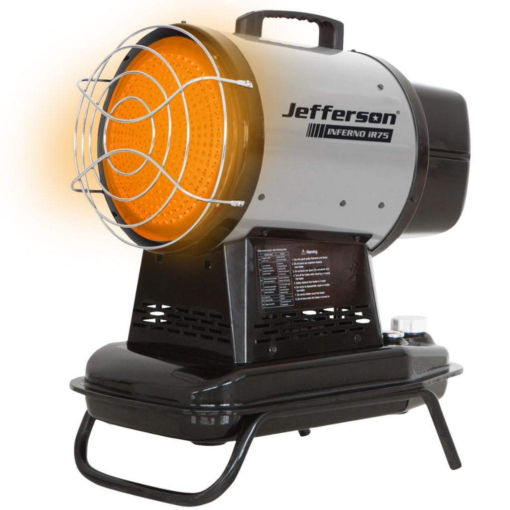 Jefferson Inferno iR75 infrared oil heater with front safety grille and top carry handle