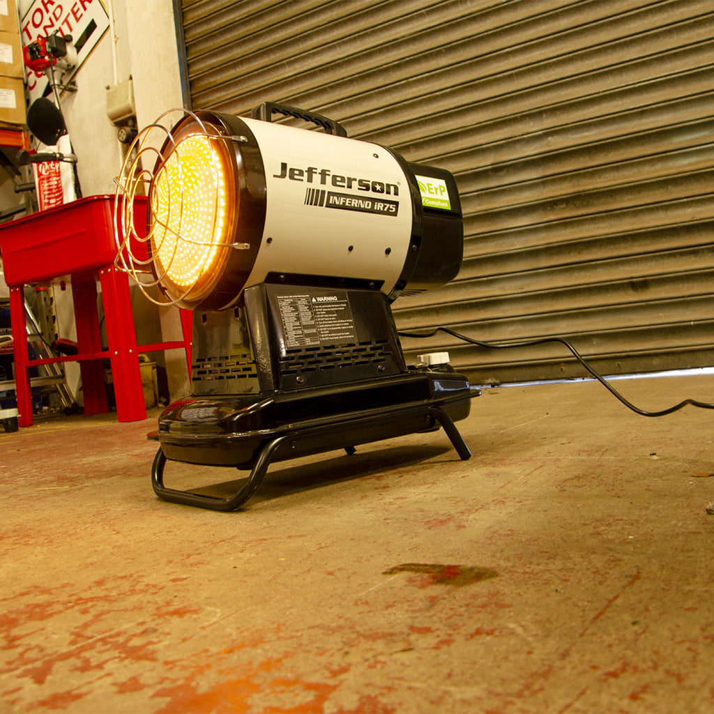 Side view of Jefferson Inferno iR75 infrared heater and fuel tank