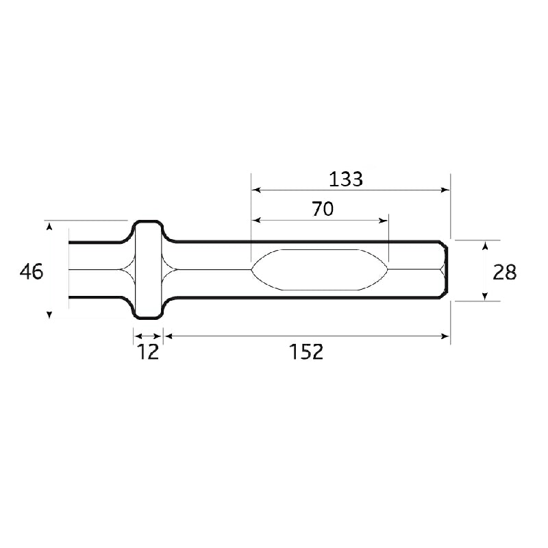 Technical diagram of Hilti TE3000 chisel shank showing dimensions: 152mm total length, 133mm engagement, 70mm working length, 46mm shank width, 28mm body width, 12mm collar