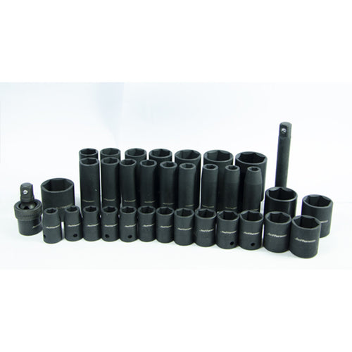Jefferson standard and deep metric impact sockets with extension bar and universal joint