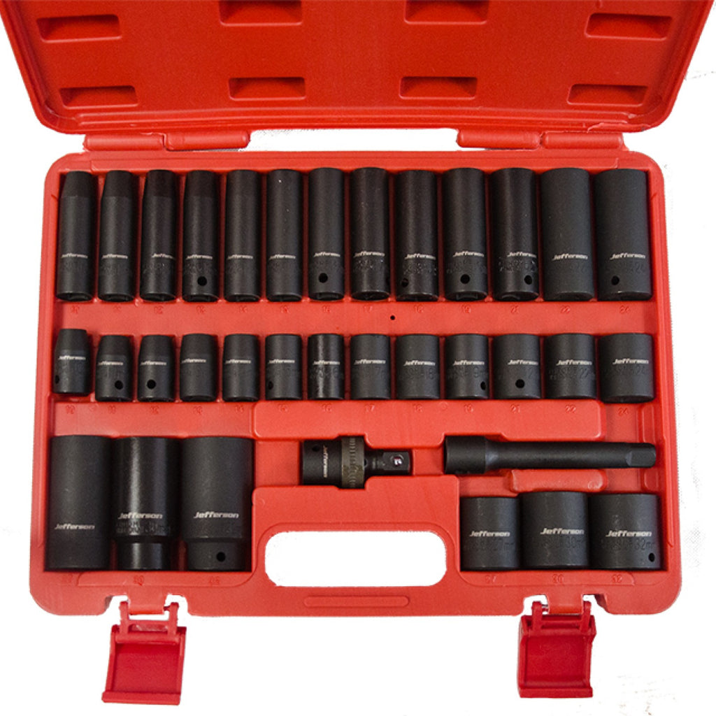 Jefferson 34-piece half-inch drive impact socket set arranged in an open red carry case