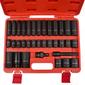 Jefferson 34-piece half-inch drive impact socket set arranged in an open red carry case
