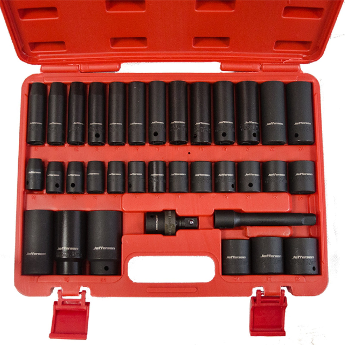 Jefferson 34-piece half-inch drive impact socket set arranged in an open red carry case