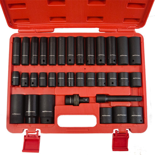 Jefferson 34-piece half-inch drive impact socket set arranged in an open red carry case