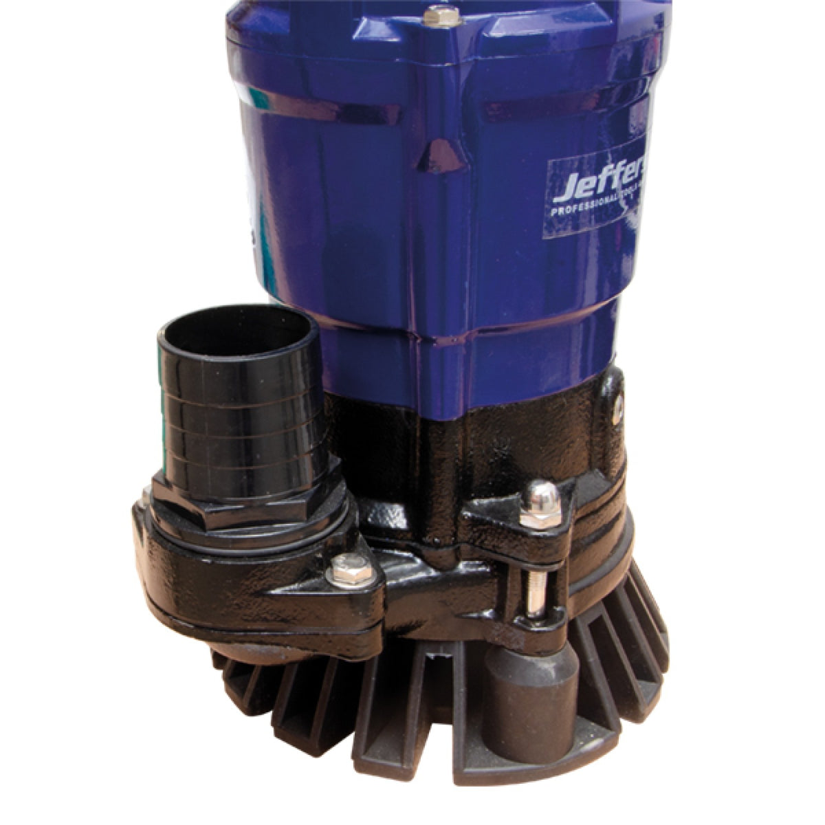 Close-up of the Jefferson 500W submersible pump’s 2-inch discharge hose connector and intake base