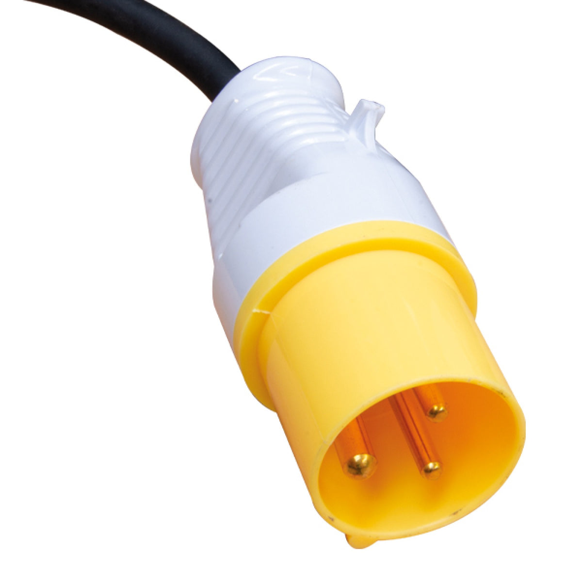 Yellow 110V three-pin site plug on the Jefferson JEFSUBPIDW210-12 submersible water pump.