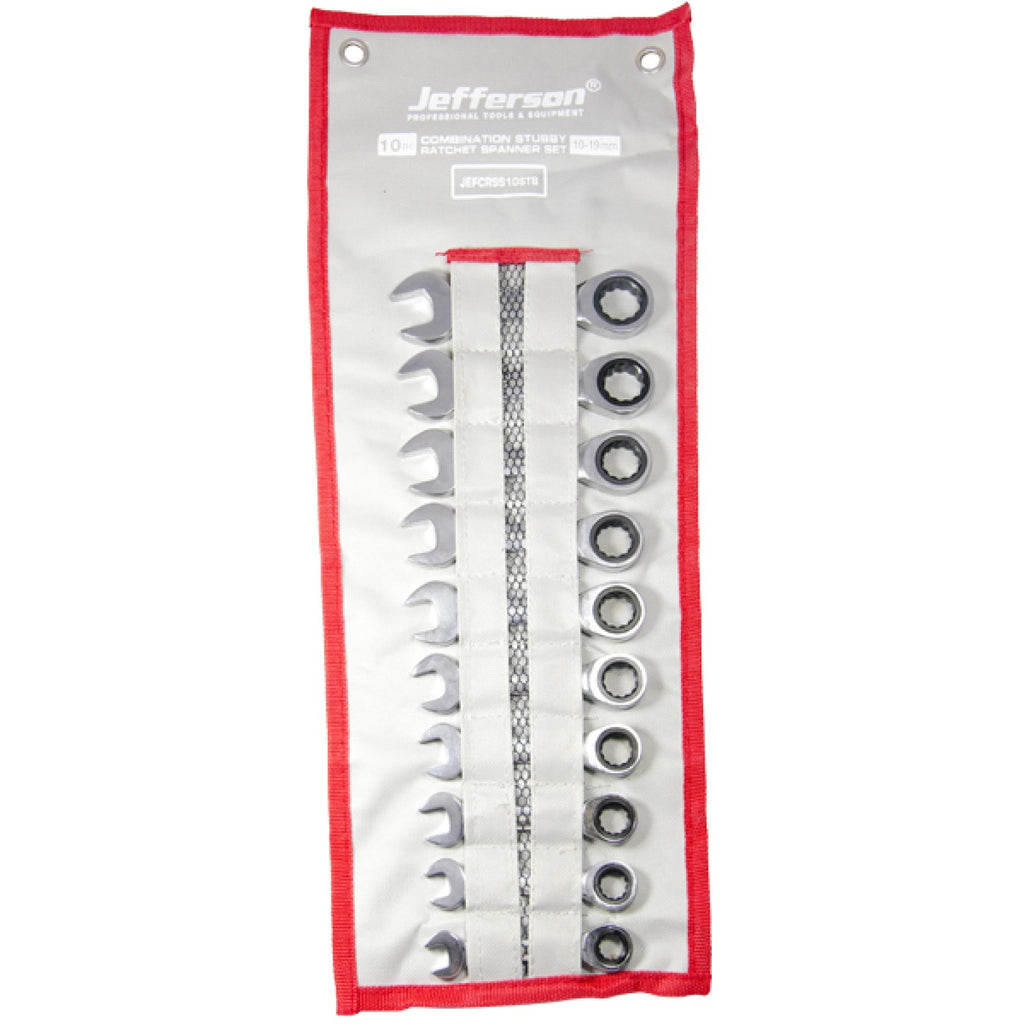 Jefferson JEFCRSS10STB stubby ratchet spanner set in its open storage pouch