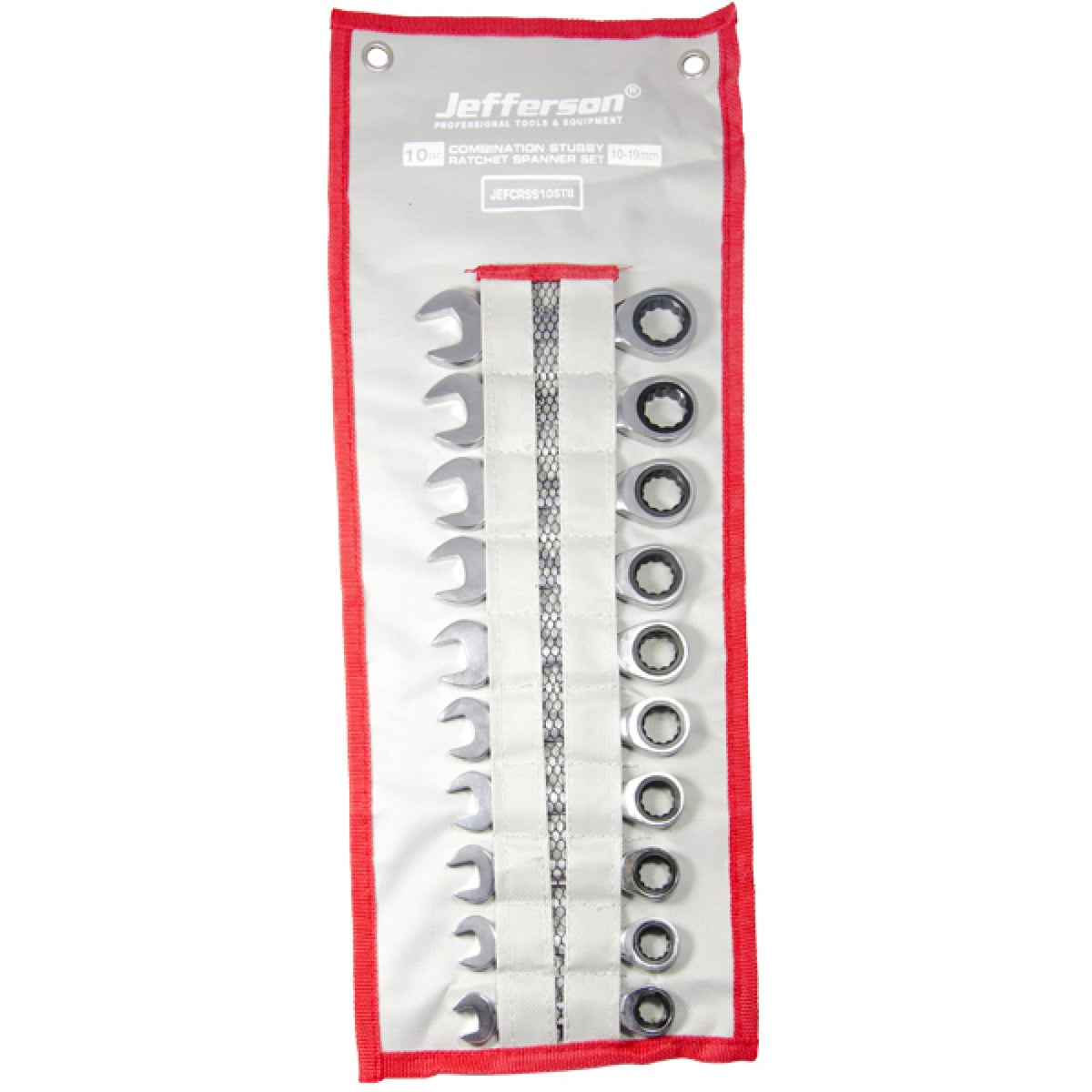 Jefferson JEFCRSS10STB stubby ratchet spanner set in its open storage pouch