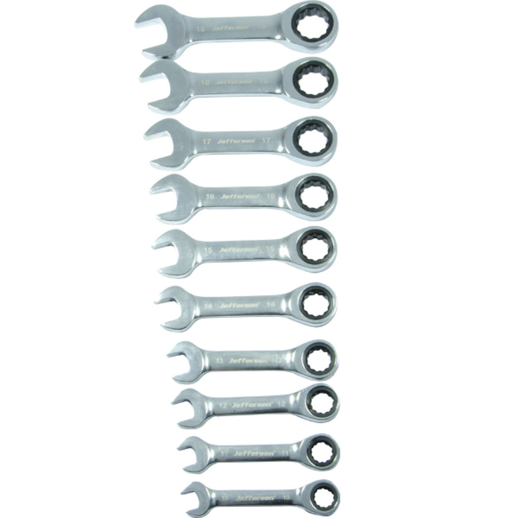 Jefferson JEFCRSS10STB ten stubby ratchet spanners laid out