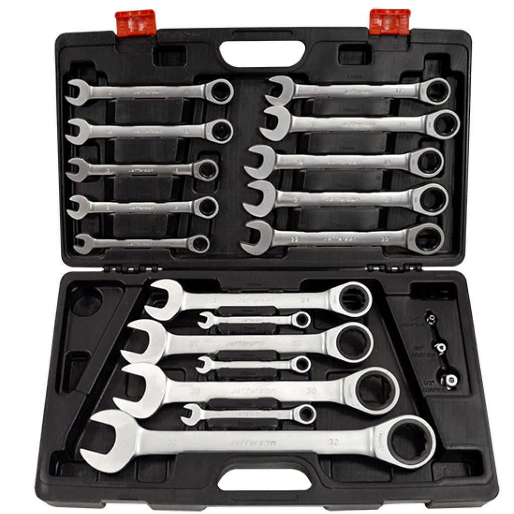 Jefferson JEFCRSS20 ratchet spanner set and socket adaptors in an open blow moulded case