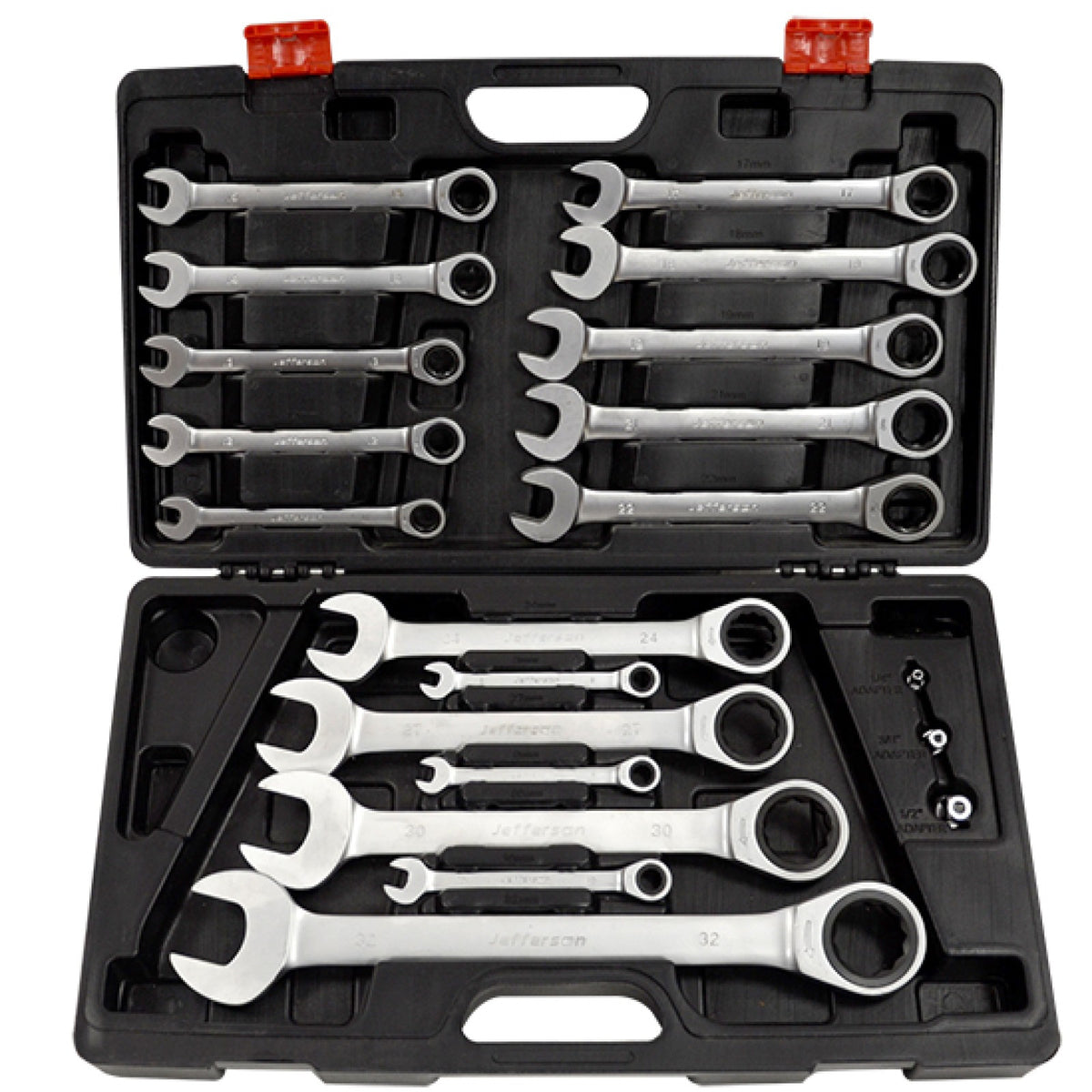 Jefferson JEFCRSS20 ratchet spanner set and socket adaptors in an open blow moulded case