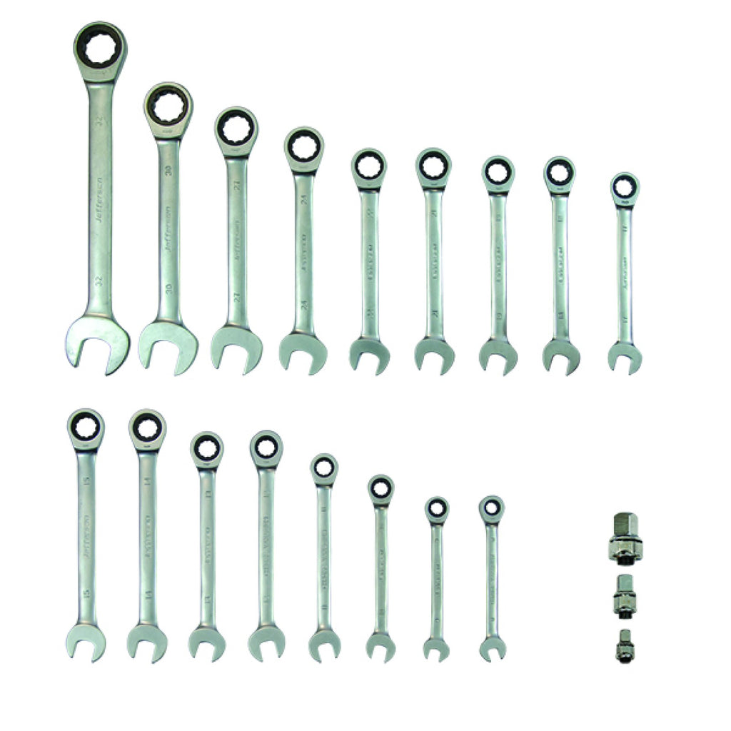 Jefferson JEFCRSS20 metric ratchet spanners and three socket adaptors laid out