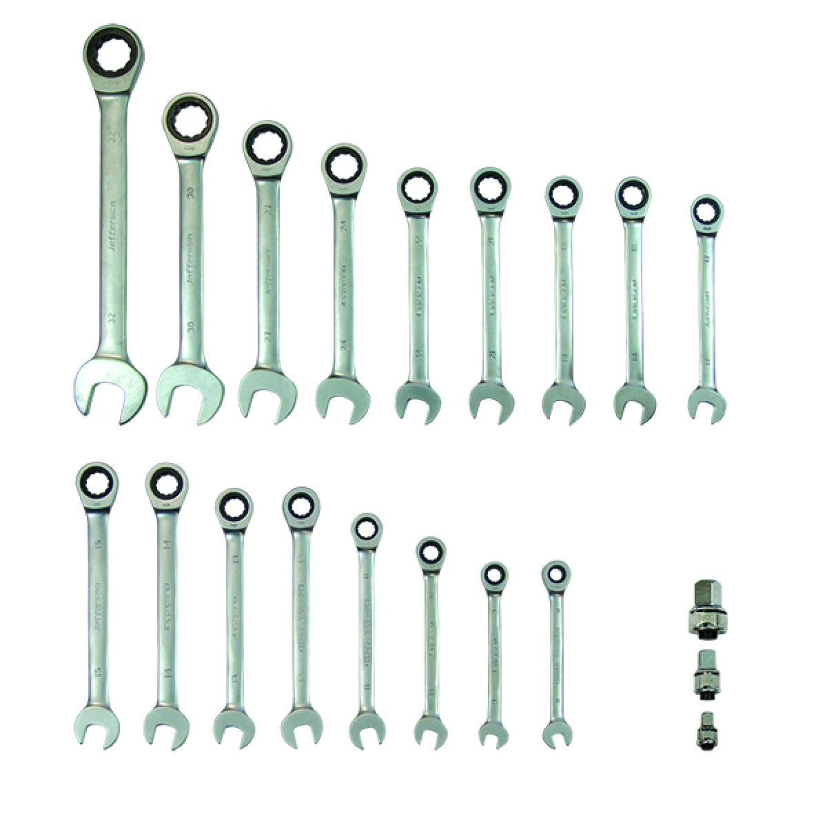 Jefferson JEFCRSS20 metric ratchet spanners and three socket adaptors laid out