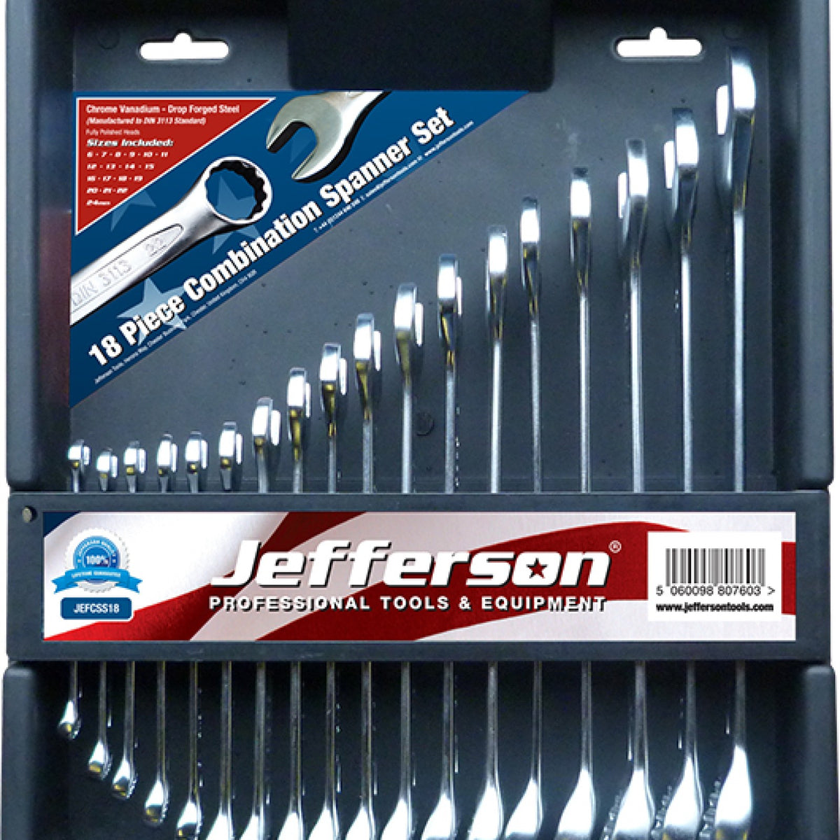 Jefferson JEFCSS18 18 piece combination spanner set in branded packaging