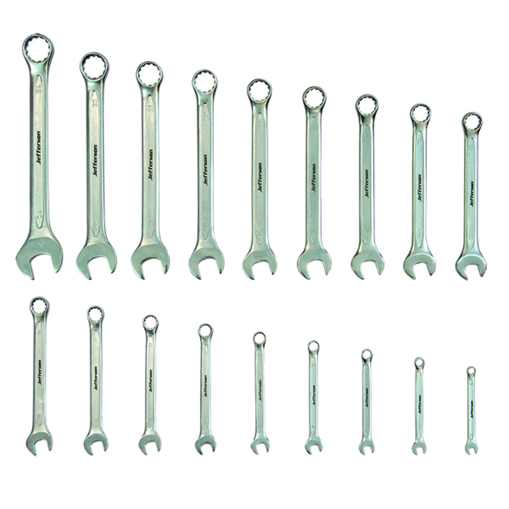 Jefferson JEFCSS18 18 piece metric combination spanner set laid out in two rows