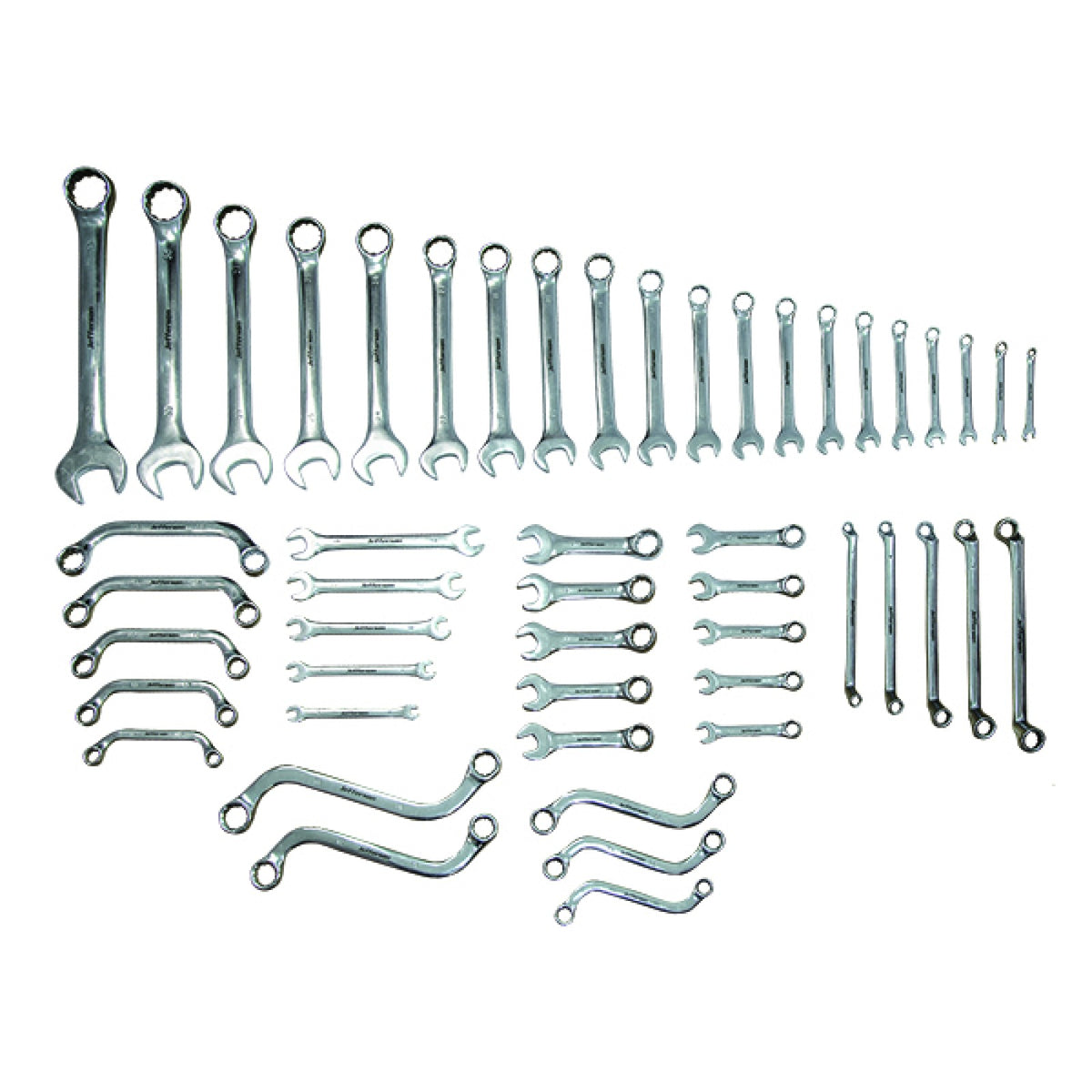 Jefferson JEFCSS50 50 piece metric spanner set with all spanners laid out