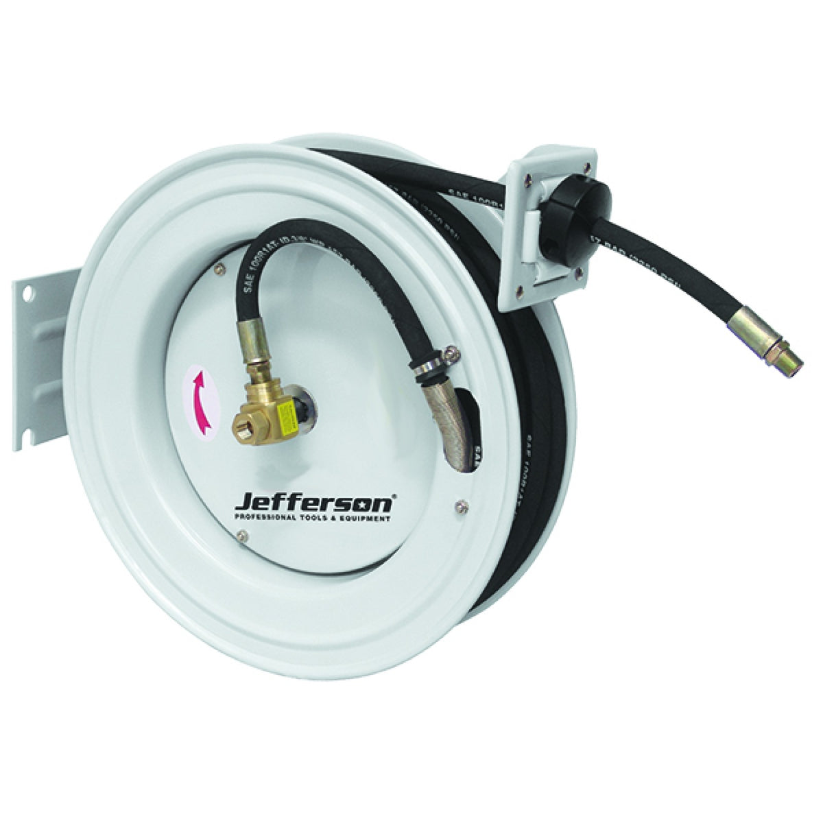 Jefferson 15m retractable air hose reel with steel casing, mounting bracket and black rubber hose