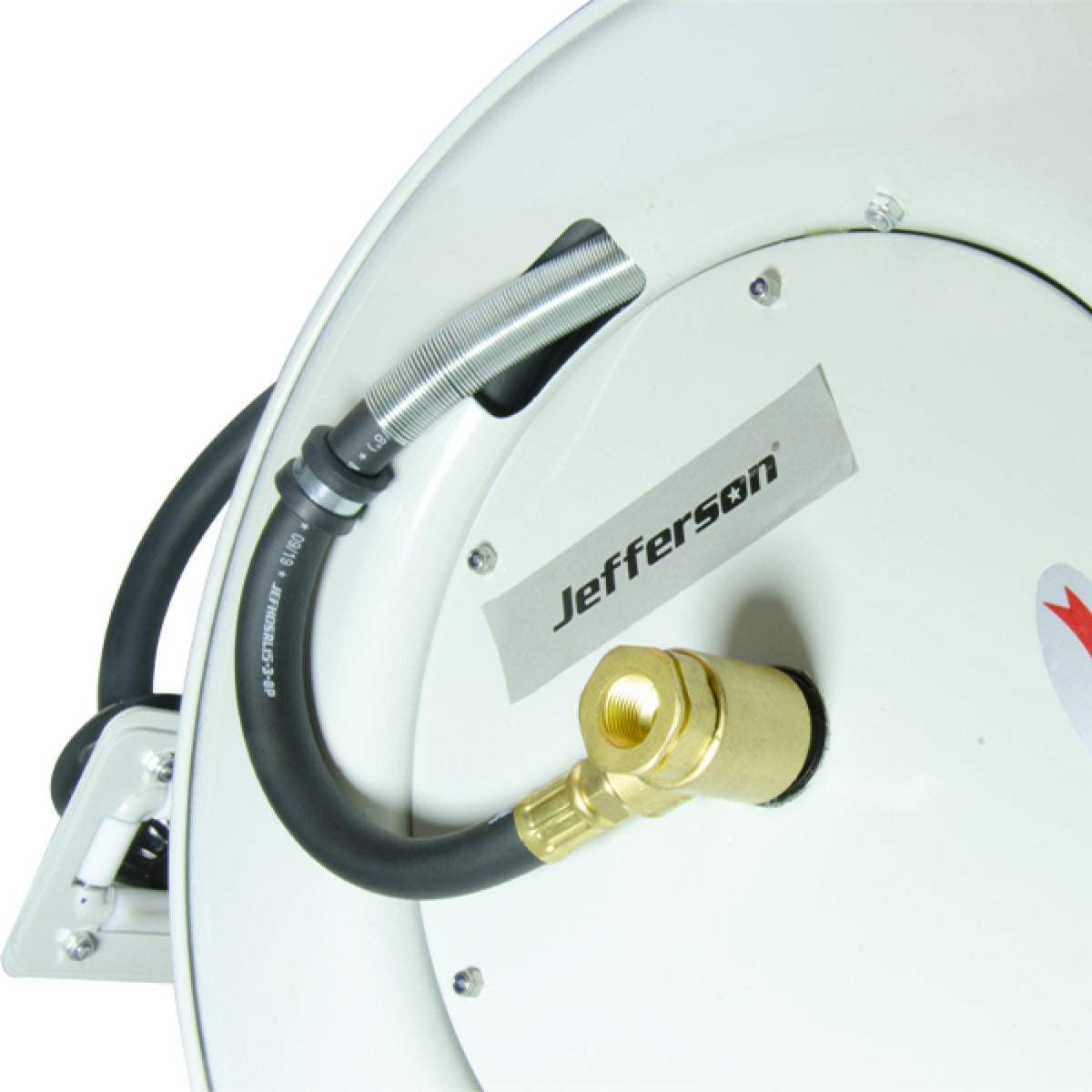 Close-up of Jefferson air hose reel inlet connection and hose spring protector