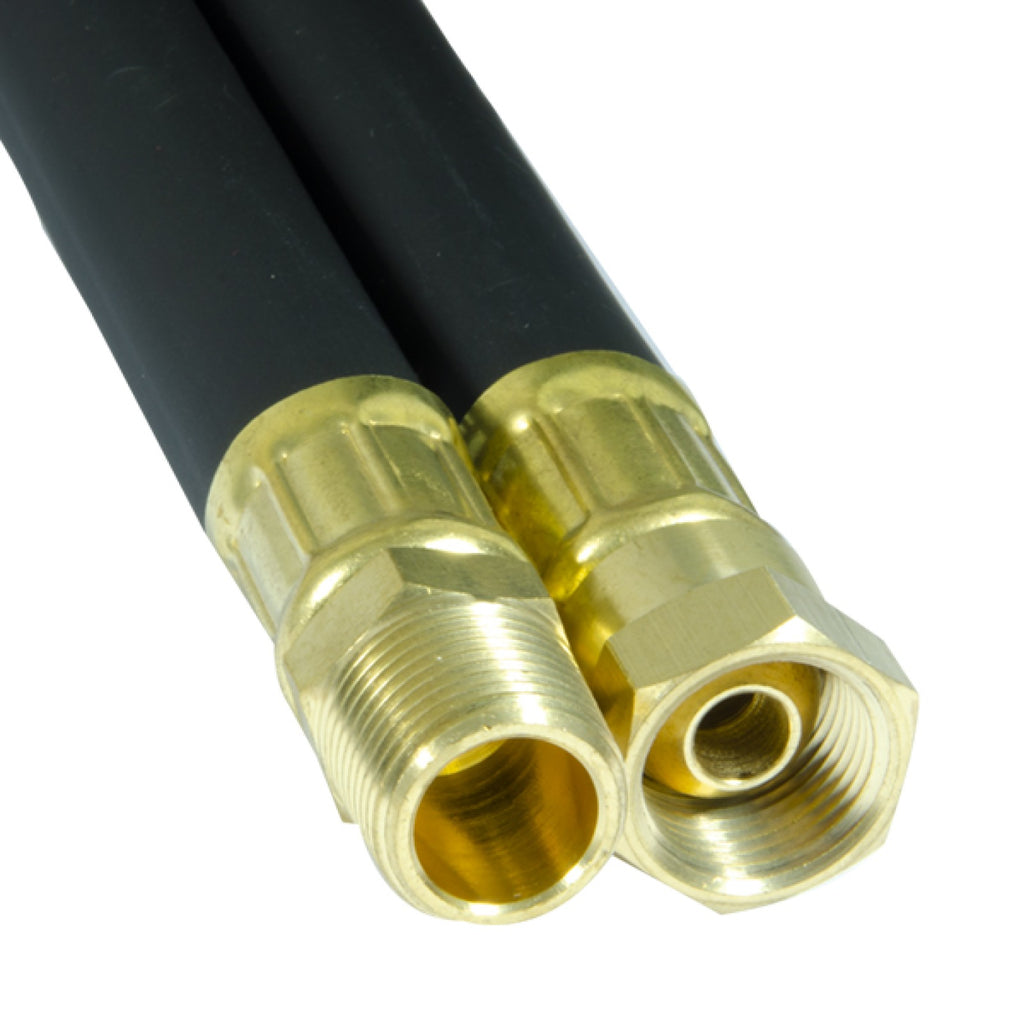 Close-up of brass male and female threaded fittings on Jefferson air hose reel hoses