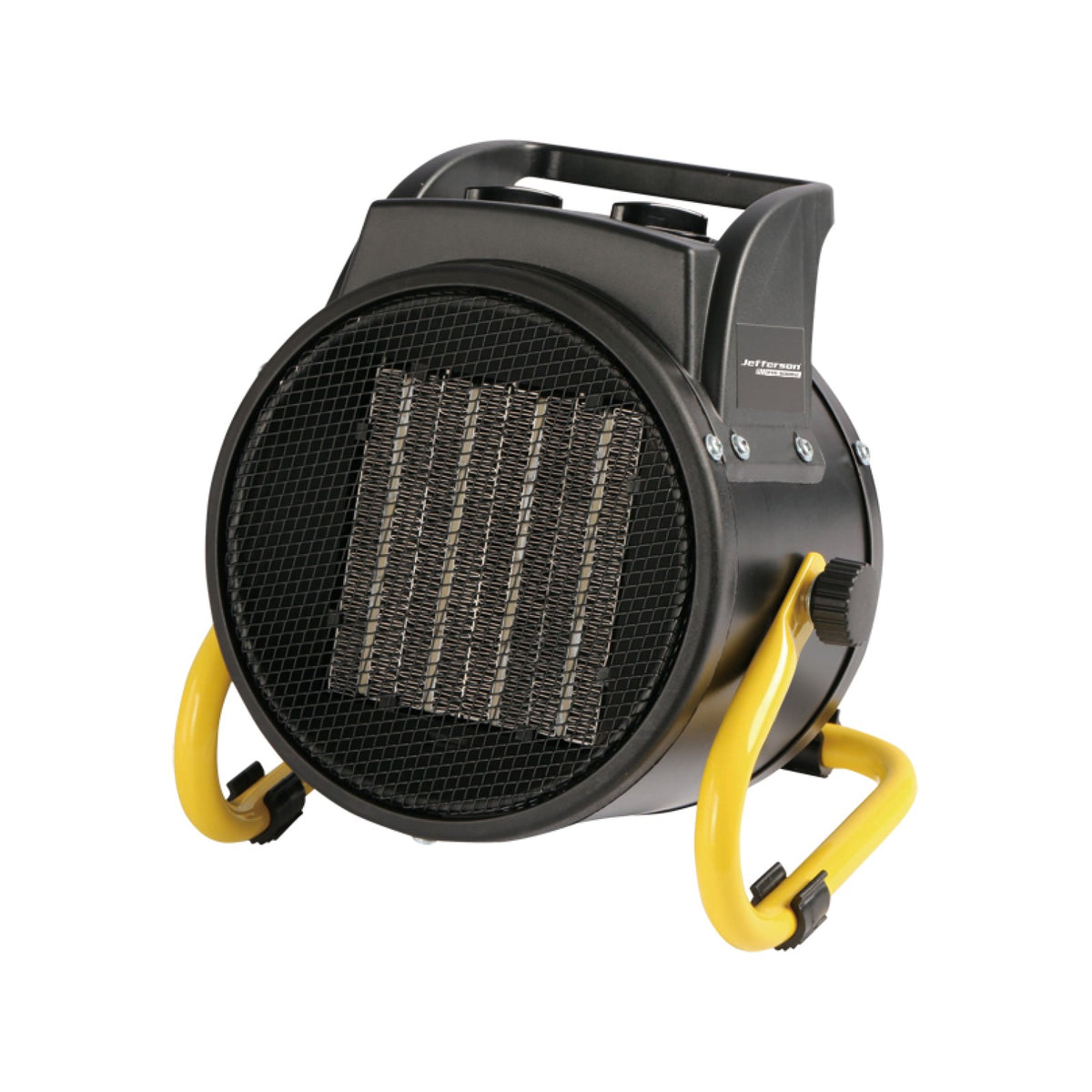 Jefferson 2000W PTC electric fan heater with black housing, carry handle and yellow support stand