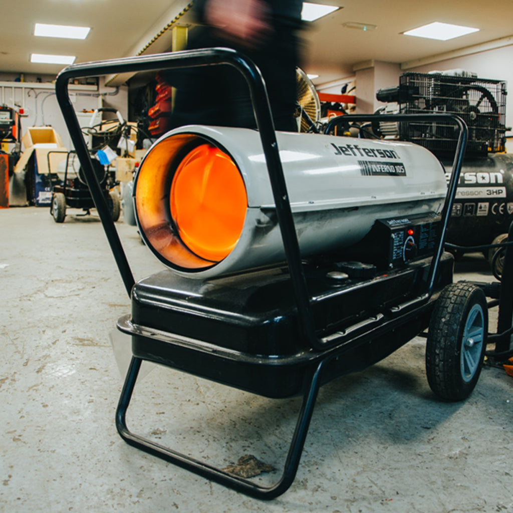 Jefferson Inferno 105 space heater shown in a workshop