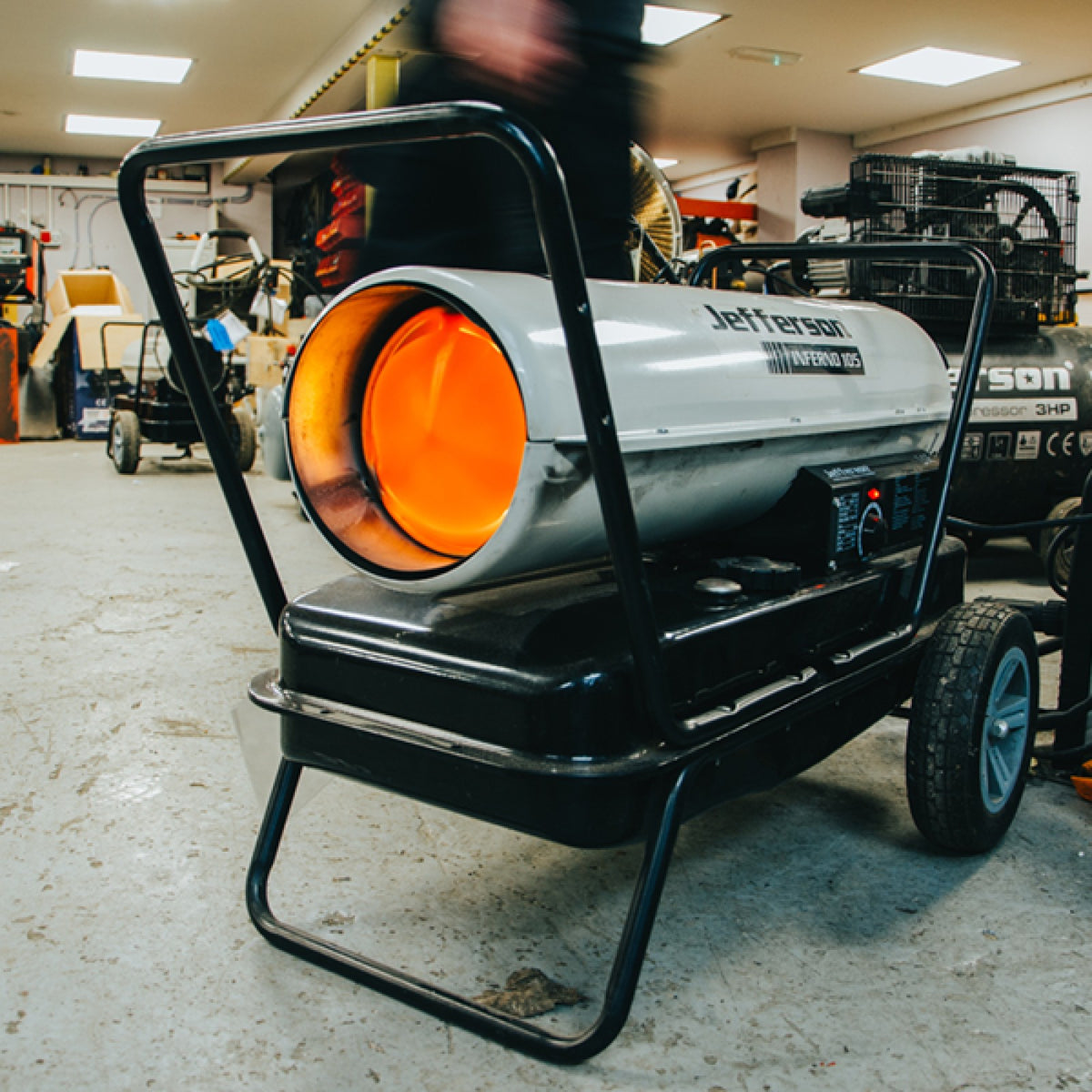 Jefferson Inferno 105 space heater shown in a workshop
