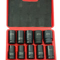 Jefferson 10-piece one-inch drive deep impact socket set in an open red blow-moulded carry case