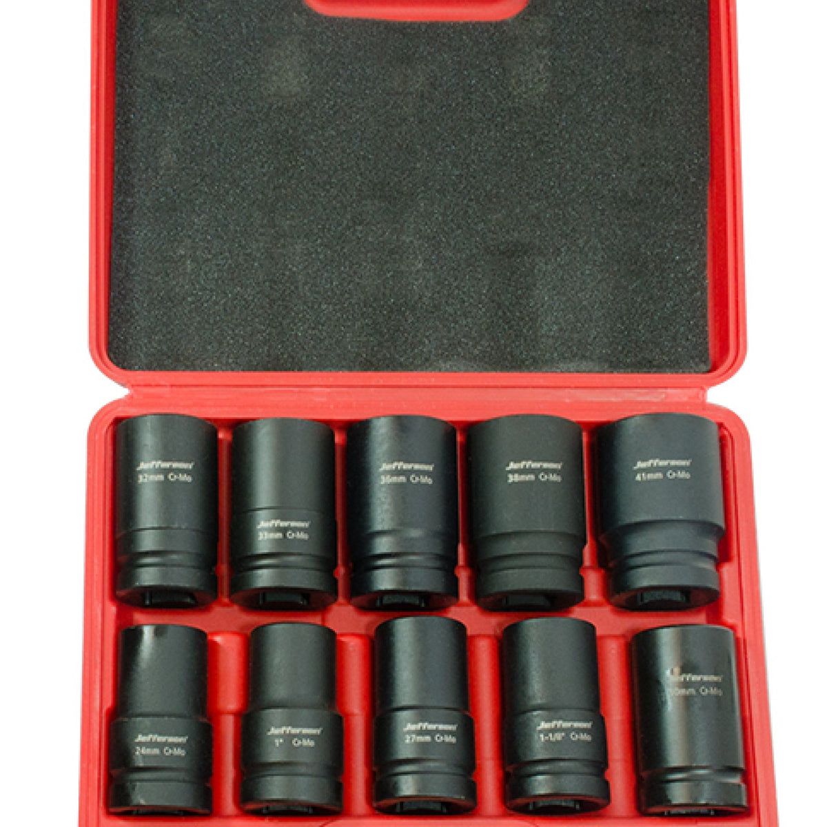 Jefferson 10-piece one-inch drive deep impact socket set in an open red blow-moulded carry case