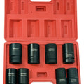 Jefferson 8-piece one-inch drive deep impact socket set in an open red blow-moulded carry case