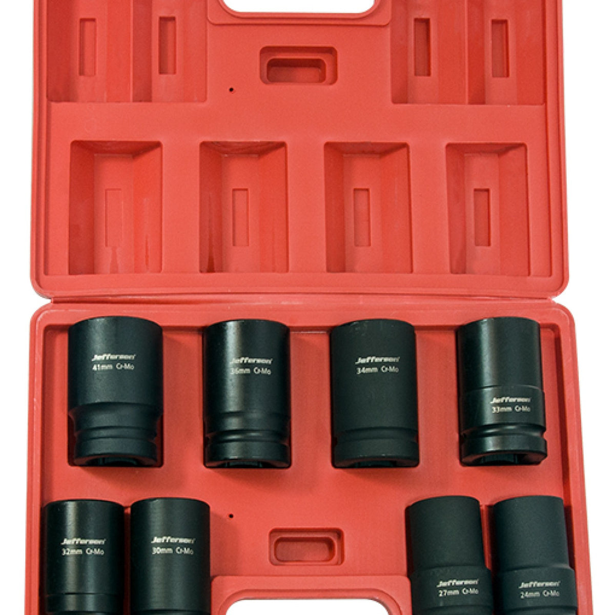 Jefferson 8-piece one-inch drive deep impact socket set in an open red blow-moulded carry case