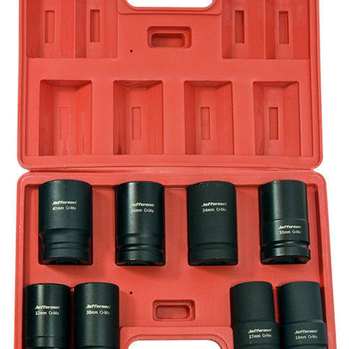 Jefferson 8-piece one-inch drive deep impact socket set in an open red blow-moulded carry case