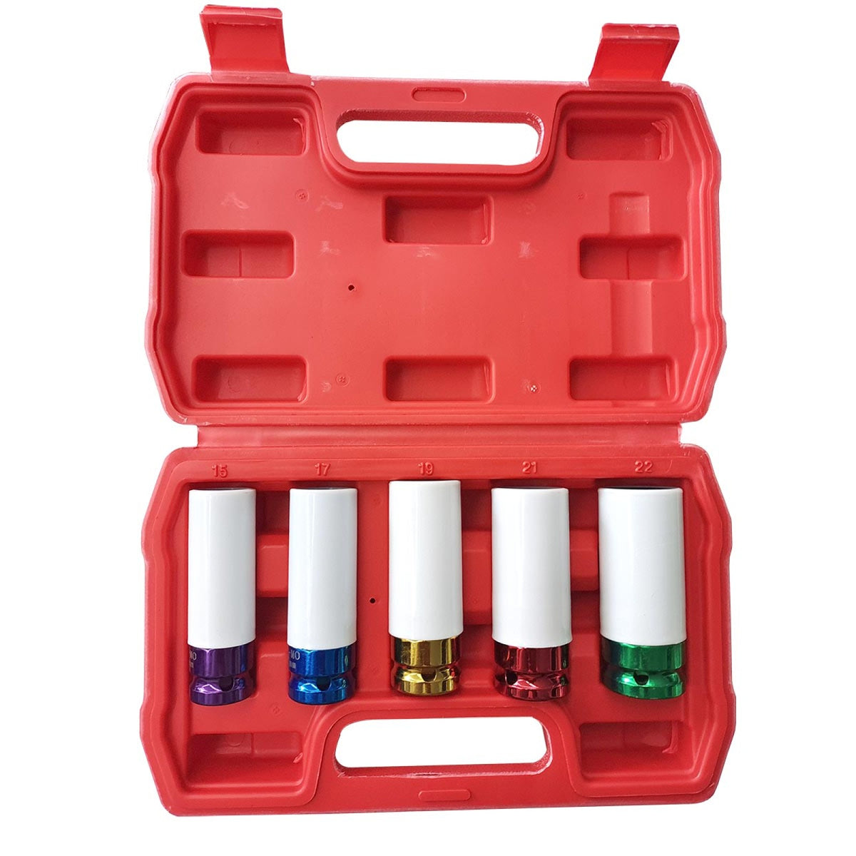 Jefferson five-piece half-inch alloy wheel impact socket set with white sleeves and coloured bases in an open red carry case