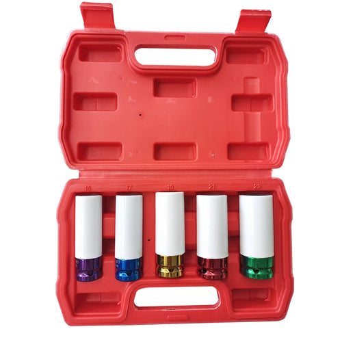 Jefferson five-piece half-inch alloy wheel impact socket set with white sleeves and coloured bases in an open red carry case