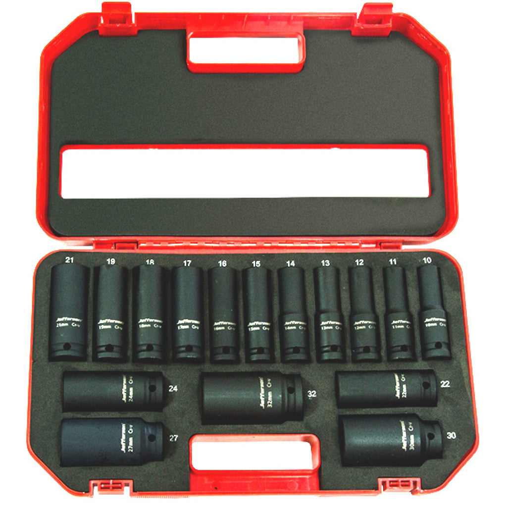 Jefferson 16-piece half-inch deep impact socket set in an open red blow-moulded case
