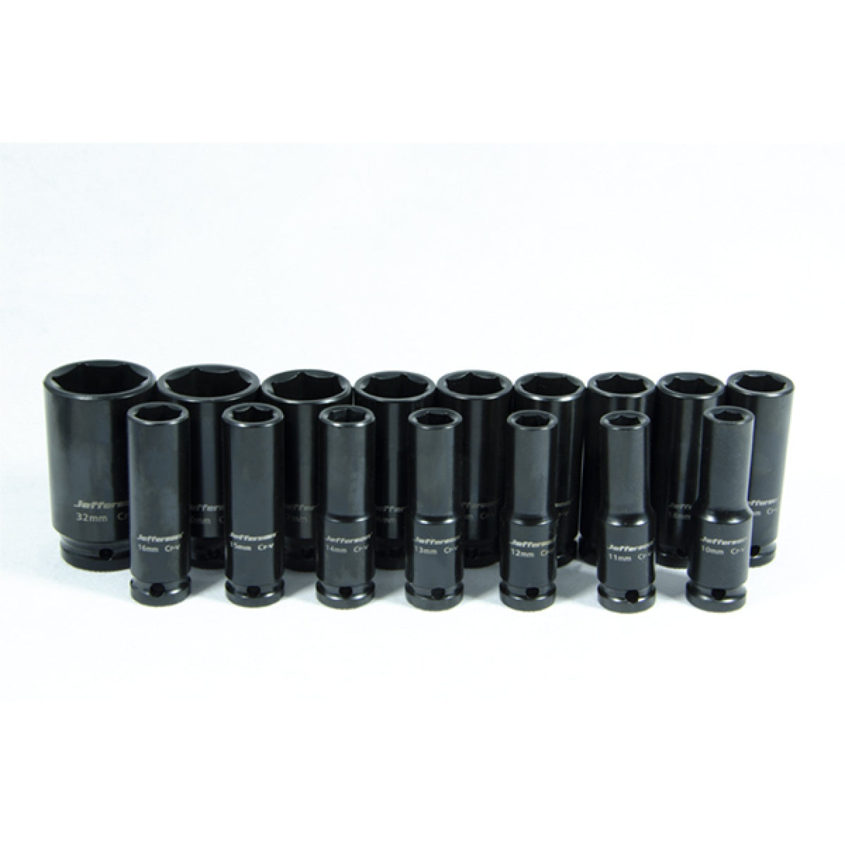 Jefferson six-point deep metric impact sockets arranged in two rows