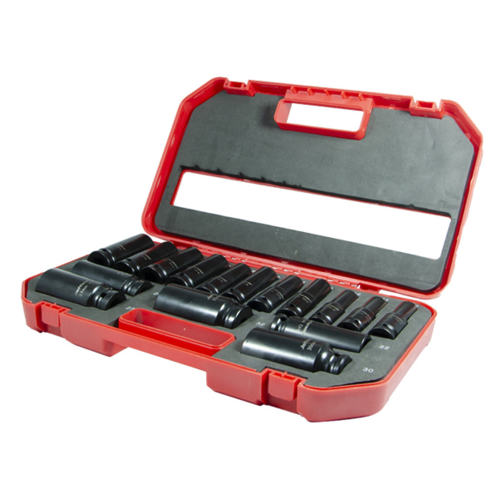 Angled view of Jefferson deep impact sockets organised in their red carry case