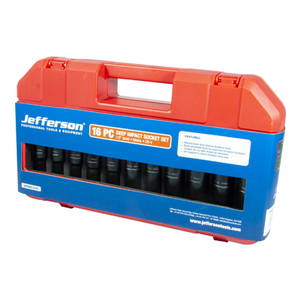 Jefferson 16-piece deep impact socket set in red case with blue retail sleeve