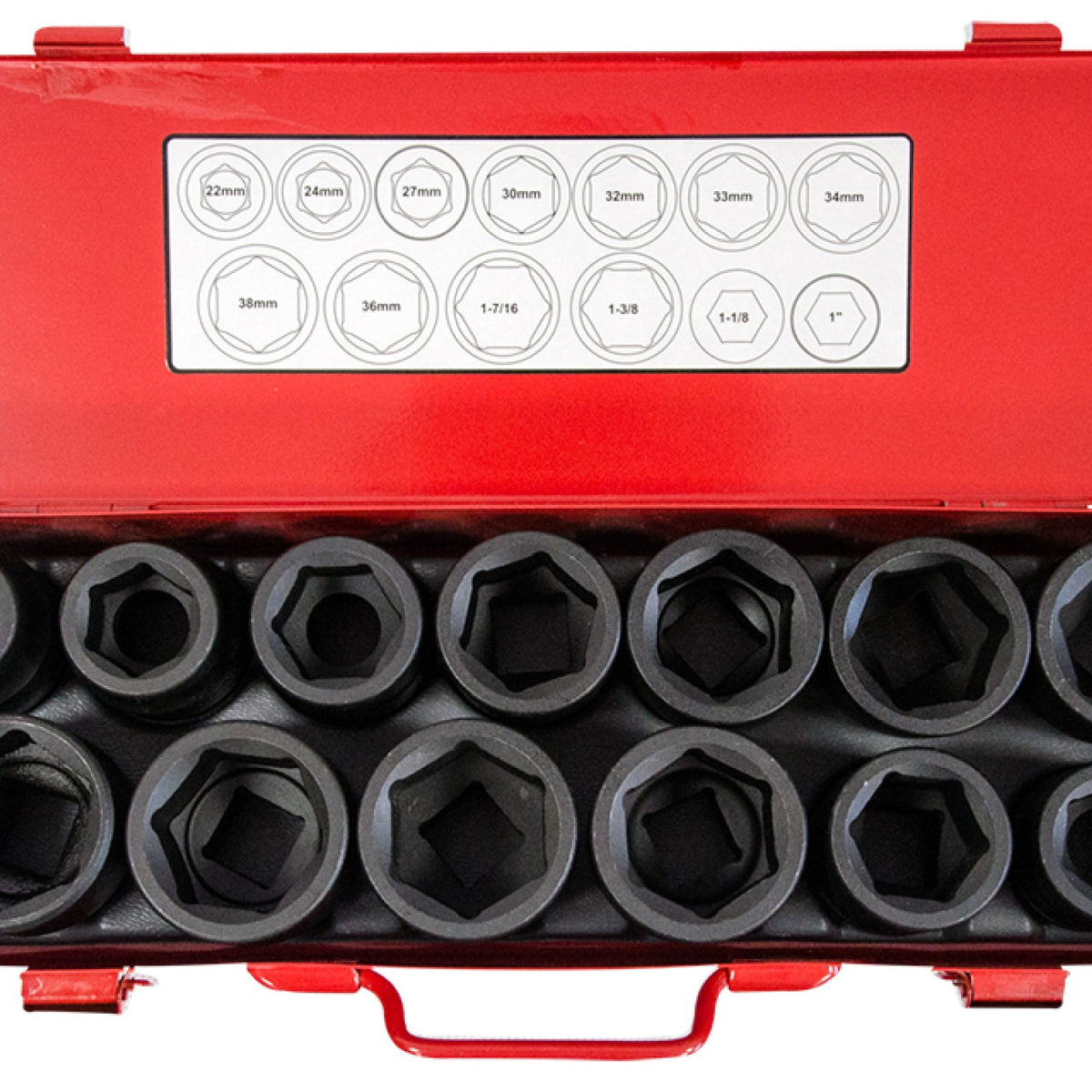 Top view of Jefferson impact sockets and metric and imperial size guide inside the metal case