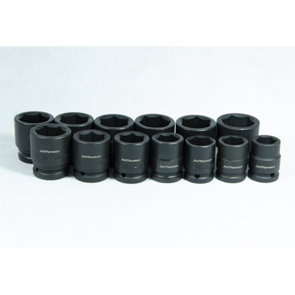 Jefferson six-point metric and imperial impact sockets arranged in two rows