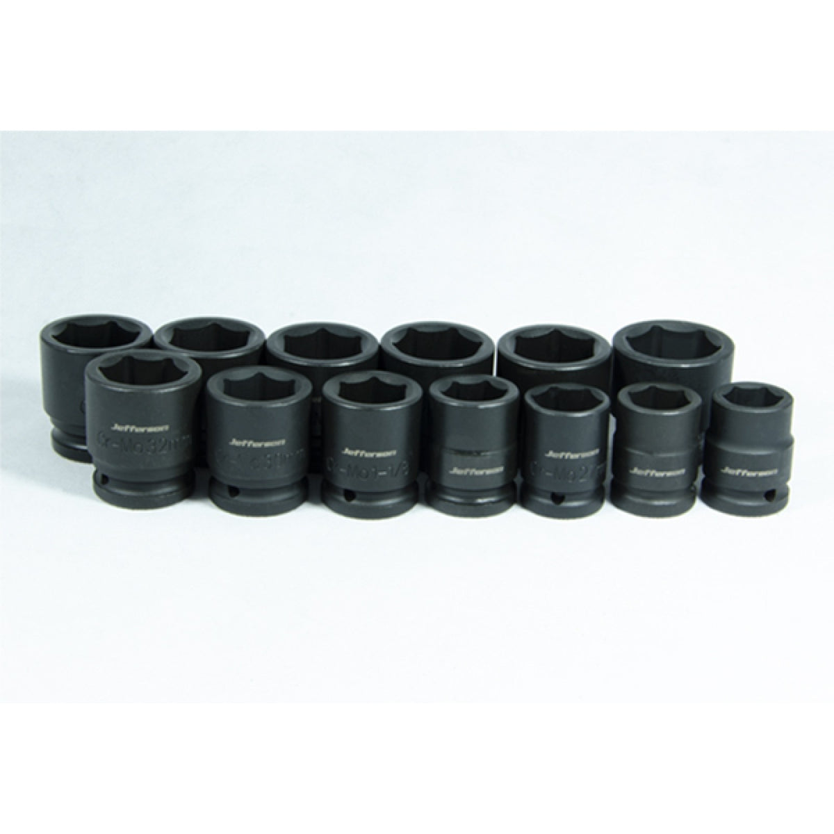 Jefferson six-point metric and imperial impact sockets arranged in two rows