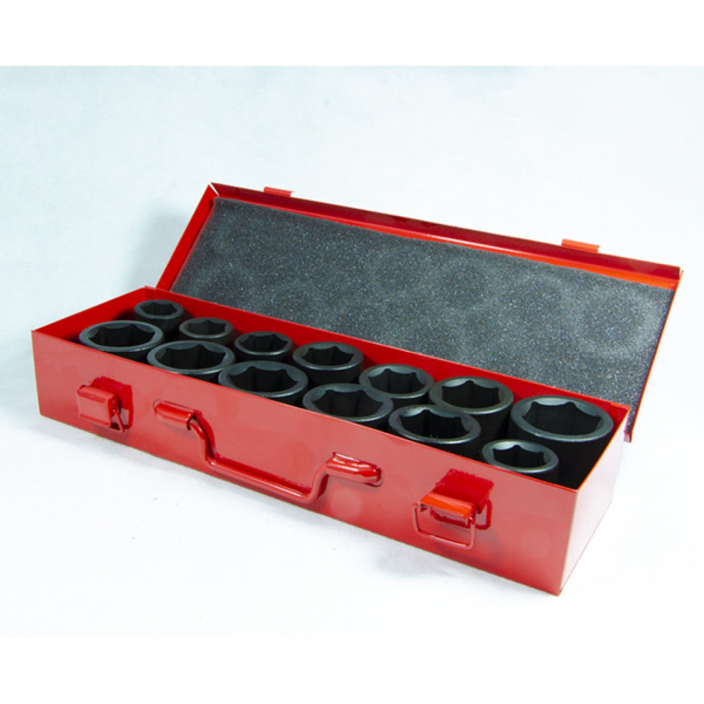 Jefferson 13-piece three-quarter-inch impact socket set in an open red metal carry case